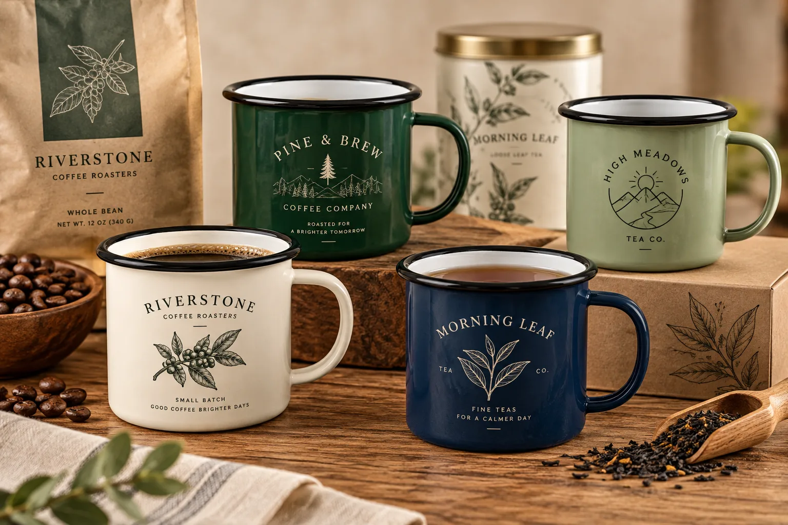 Custom enamel mugs for coffee and tea brands -- branded merchandise and retail collections