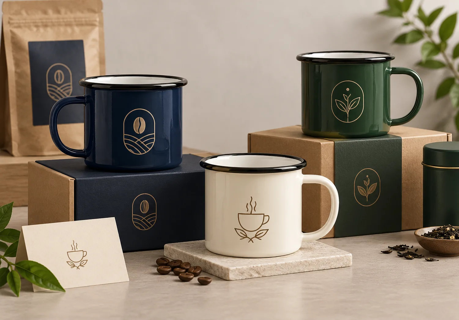 Corporate branded enamel mug set -- bulk custom mugs for corporate gifting and B2B promotional campaigns