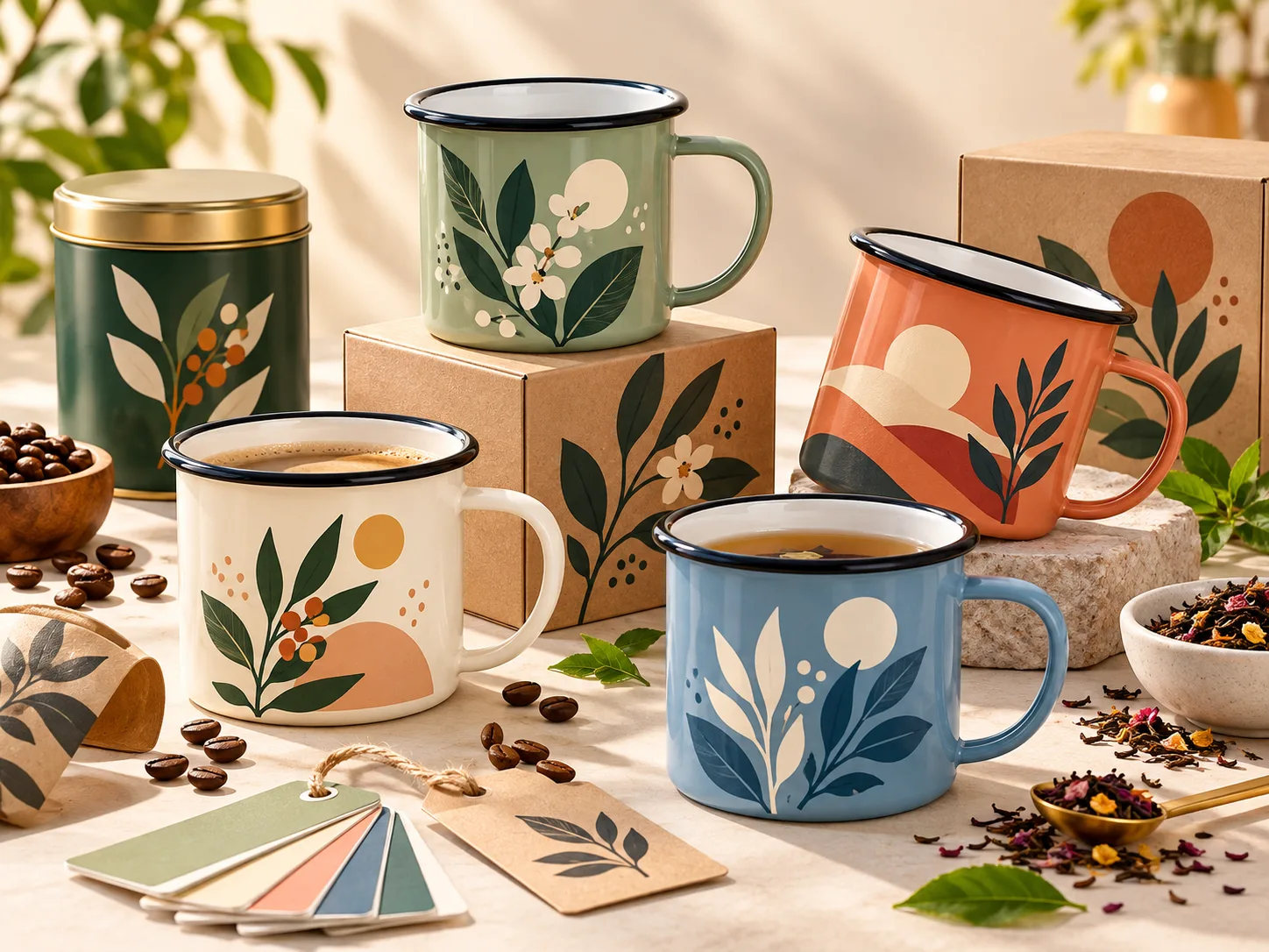 Branded enamel mug merchandise development -- logo printing, color customization, private label collections