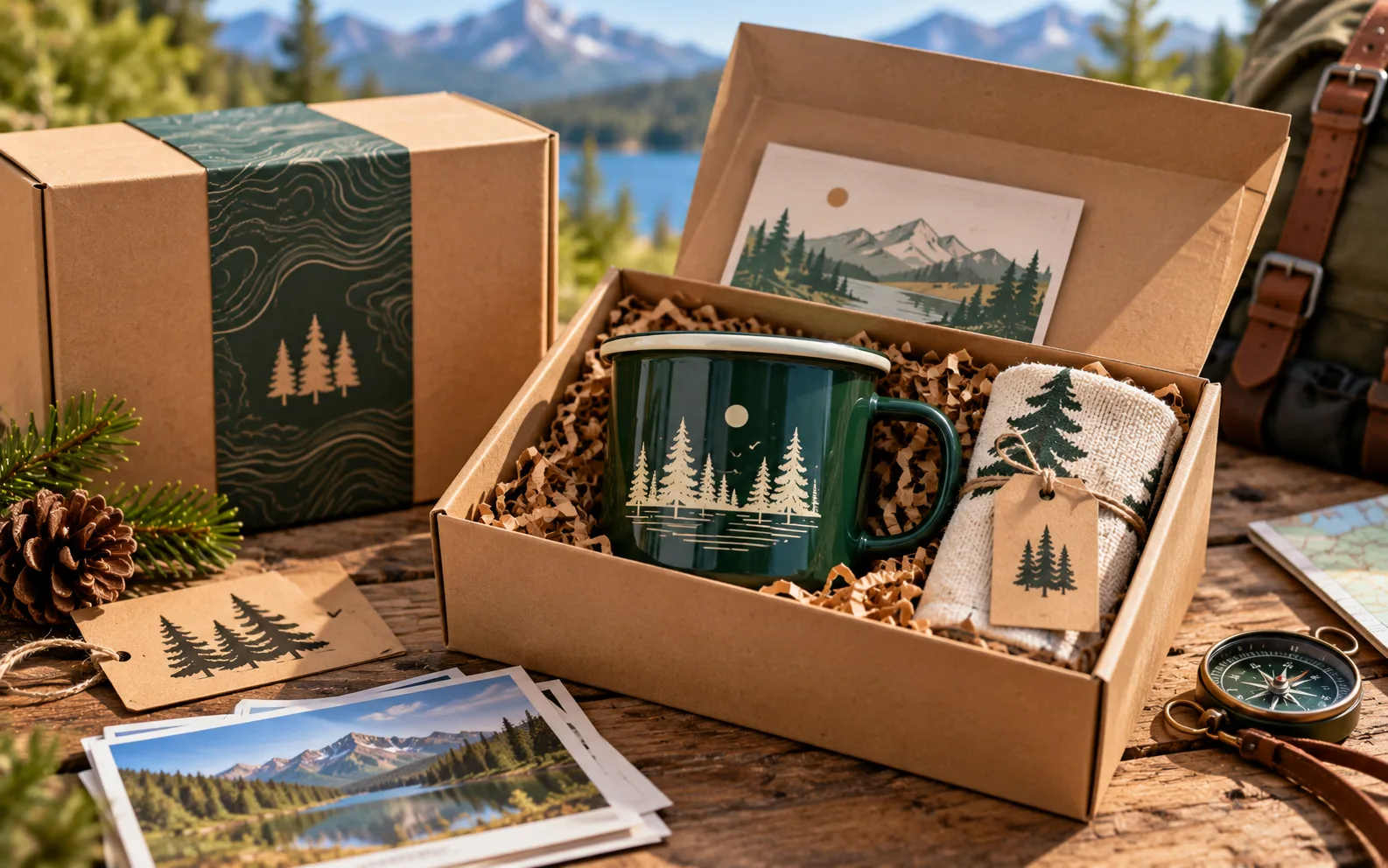Outdoor gift and merchandise set -- branded enamel mug with custom gift box, brand card and optional enamel accessories