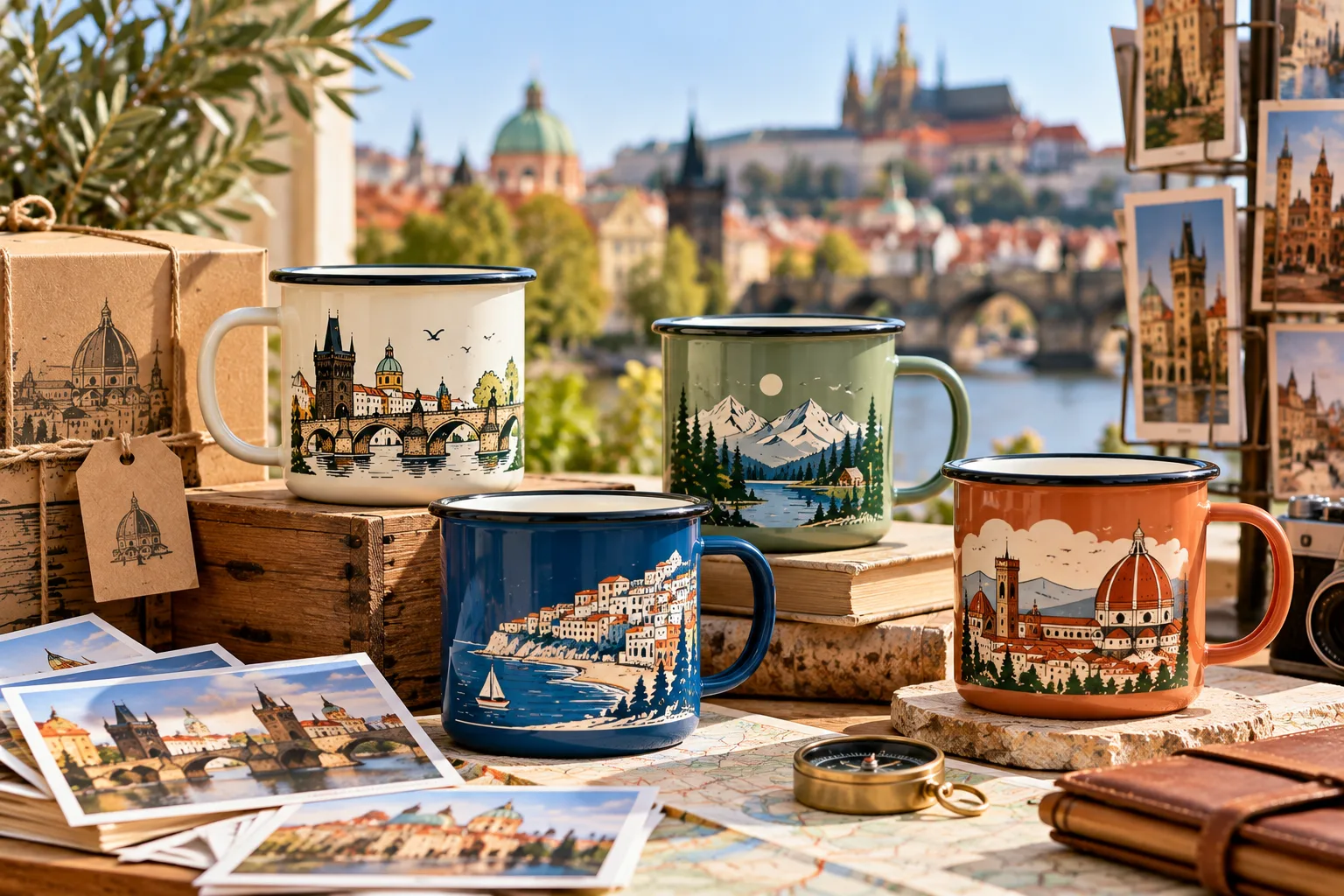 Custom enamel mugs featuring landmark illustrations, mountain scenery, and cultural artwork for tourism souvenir collections