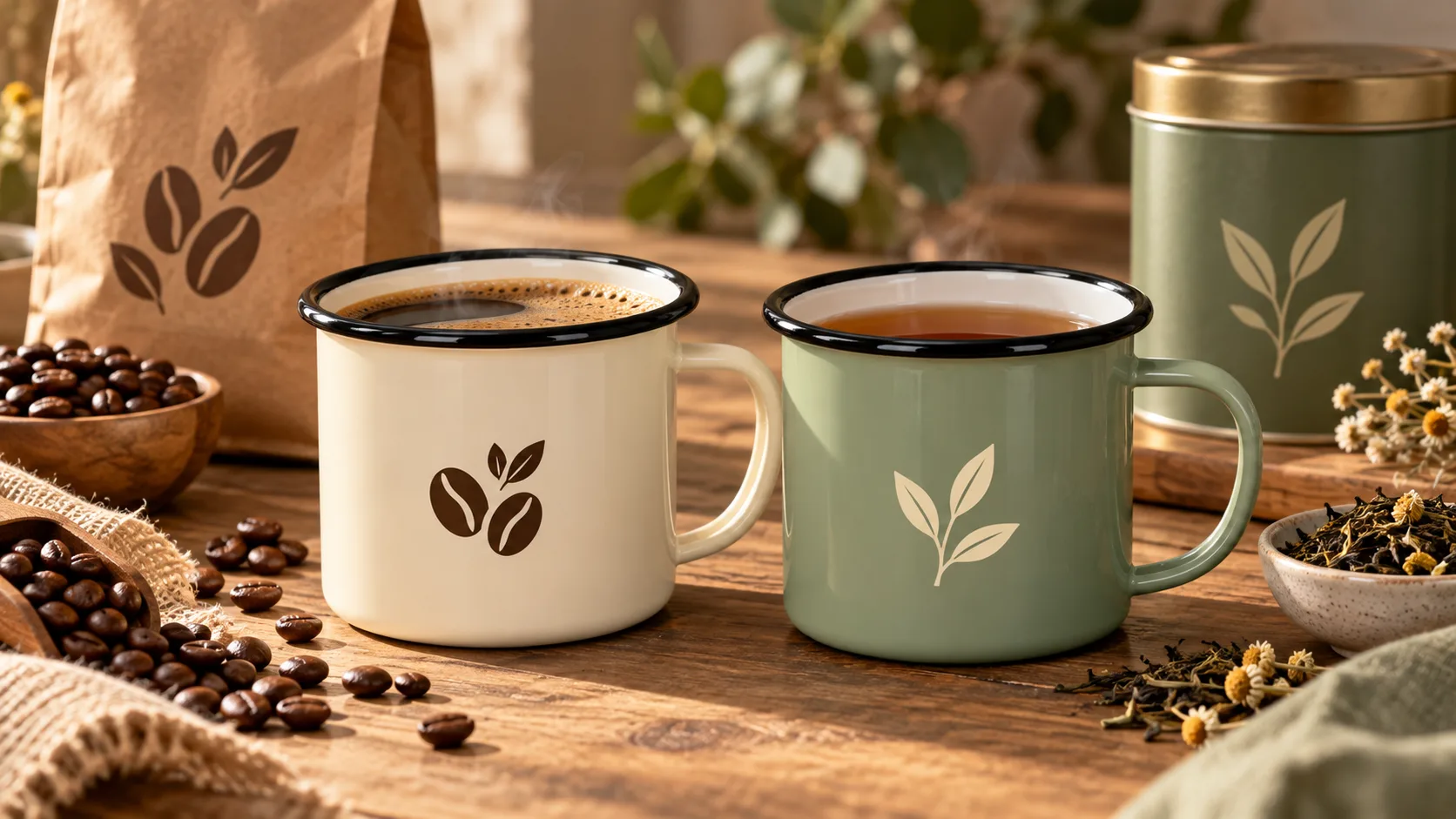 Custom enamel mugs for coffee and tea brands