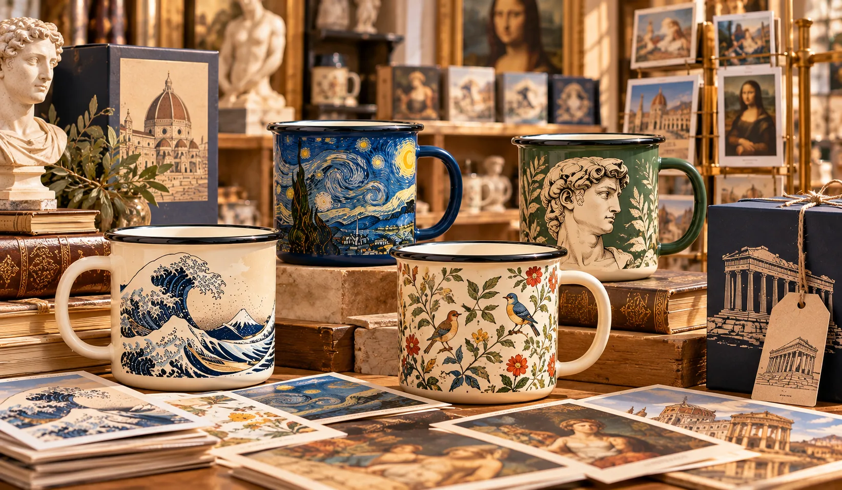 Museum and cultural gift enamel mugs featuring historical illustrations, heritage patterns and artistic designs with gift packaging