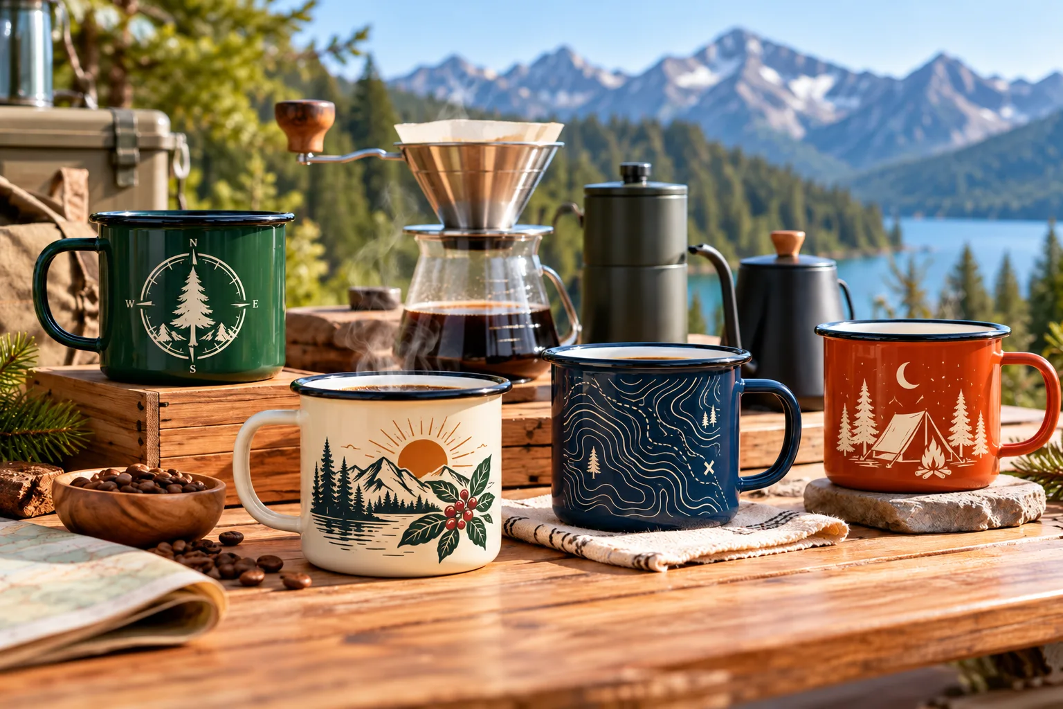 Adventure coffee collection concept -- custom enamel mug paired with outdoor coffee accessories and branded packaging
