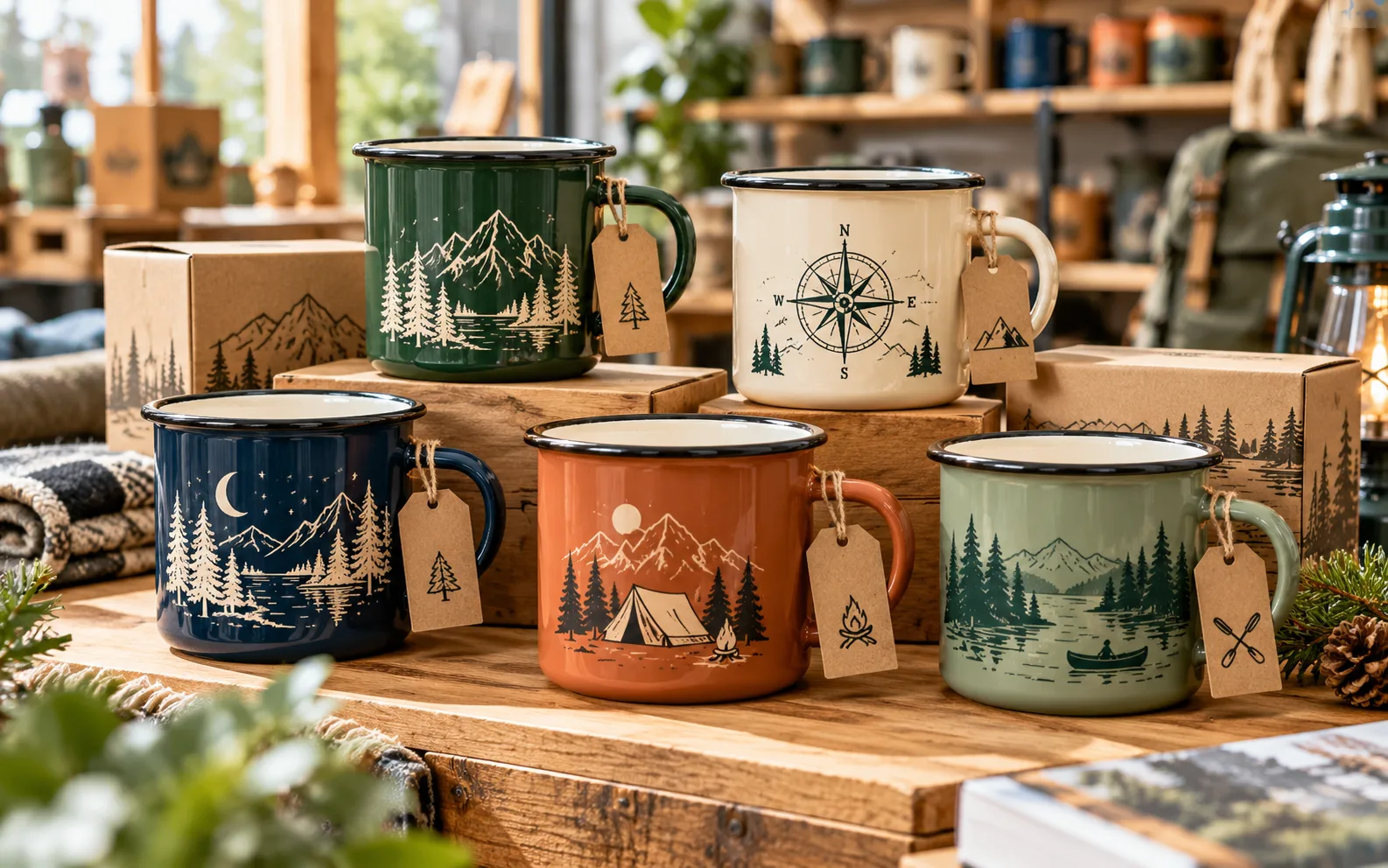 Camping mug retail collection -- multiple custom enamel mugs with outdoor artwork, retail hang tags and individual packaging