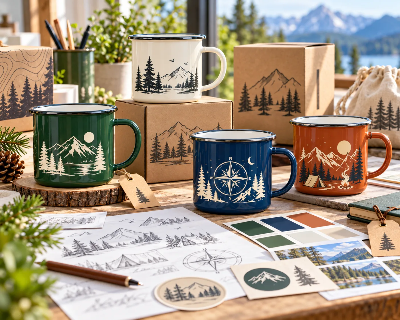 Custom branded enamel mugs in forest green, navy, cream and burgundy with mountain and nature-inspired artwork for outdoor retail collections