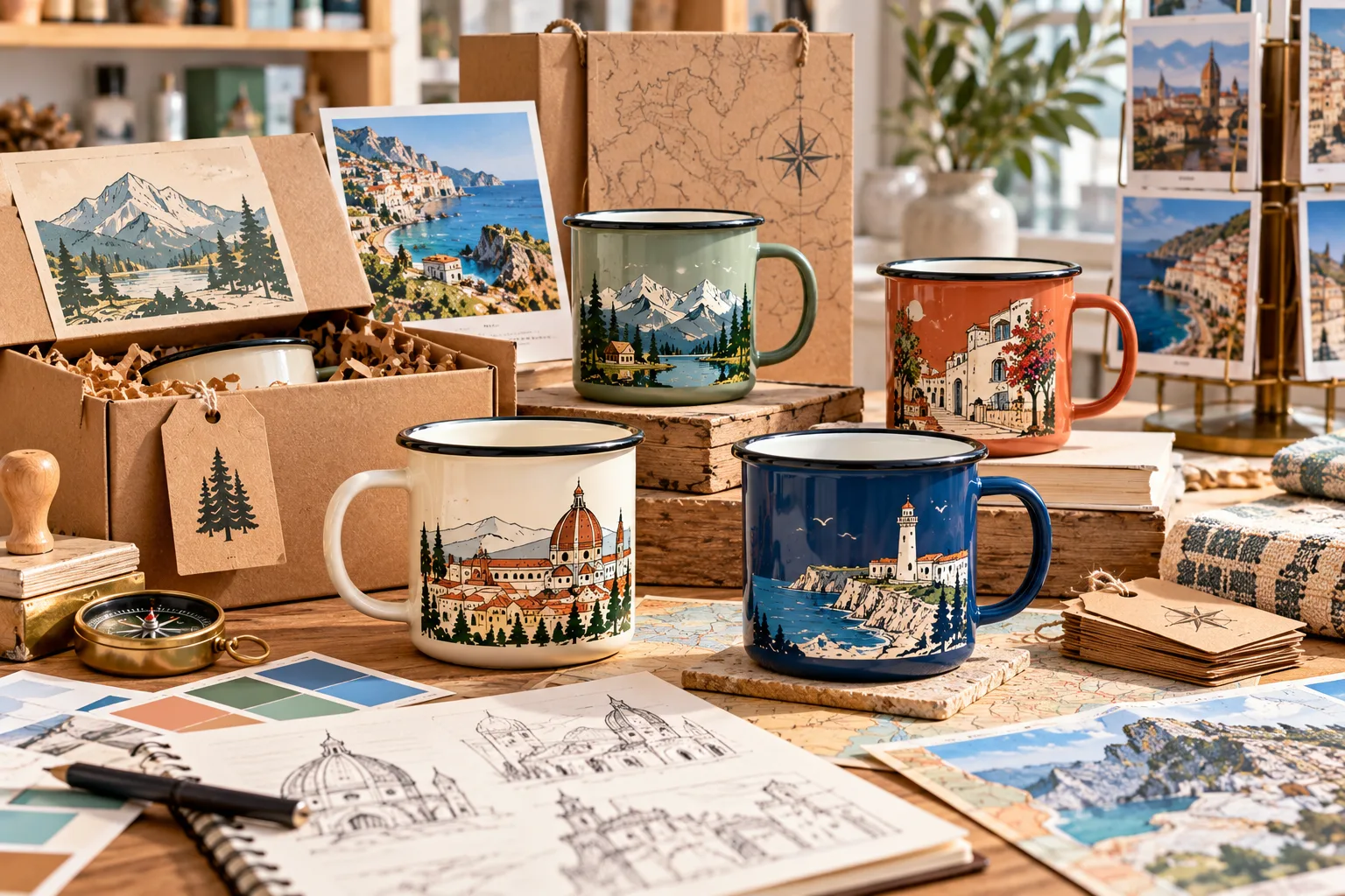 Enamel mug collections in cream, navy, forest green and sky blue with tourism-themed illustrations including mountains, city skylines and cultural artwork