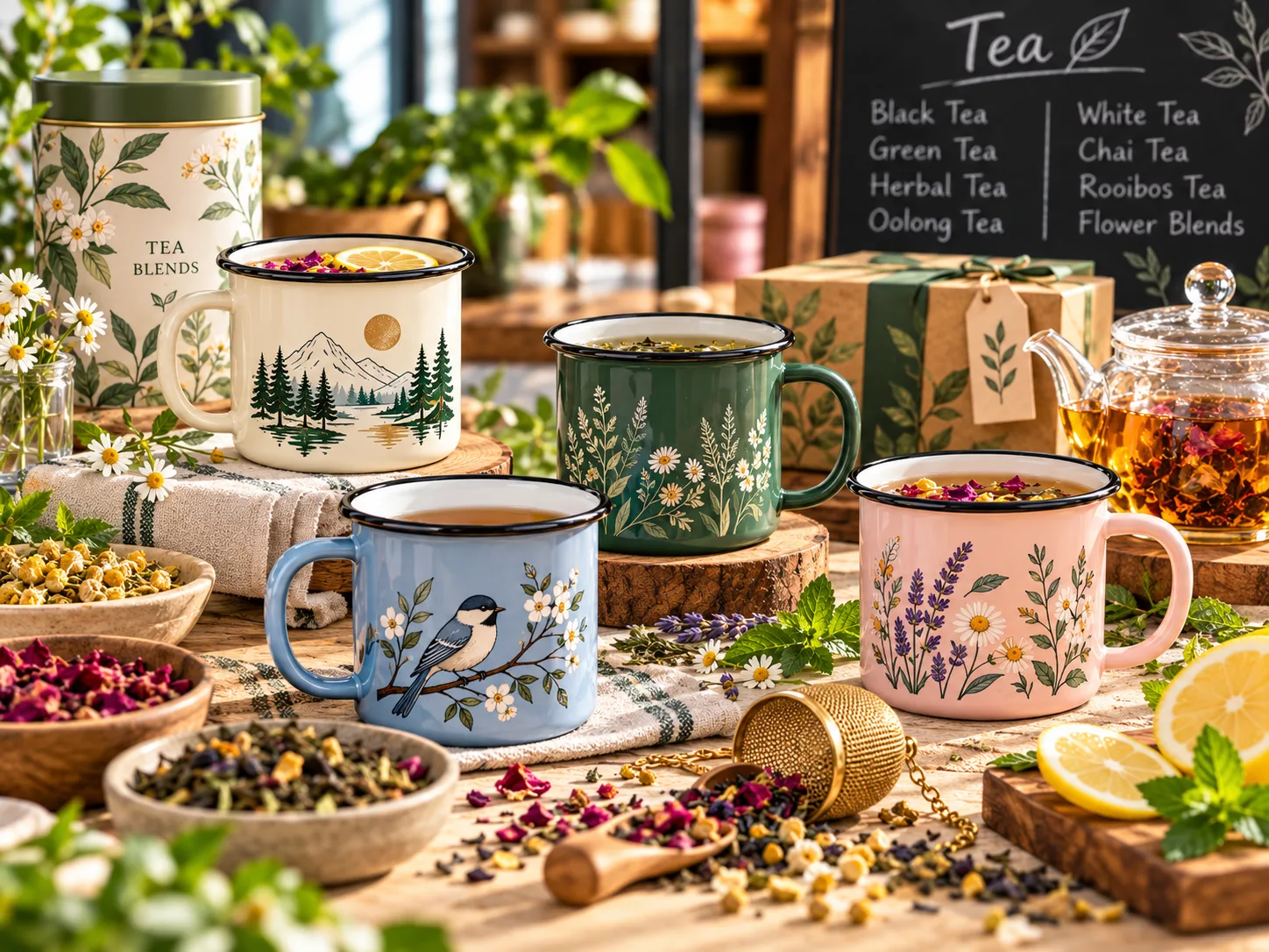 Tea collection bundle -- enamel mug set with branded packaging for tea brands and specialty retailers